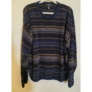 Cambridge Classics Mens XL Navy Blue Brown Striped Crew Neck Knit Sweater XL